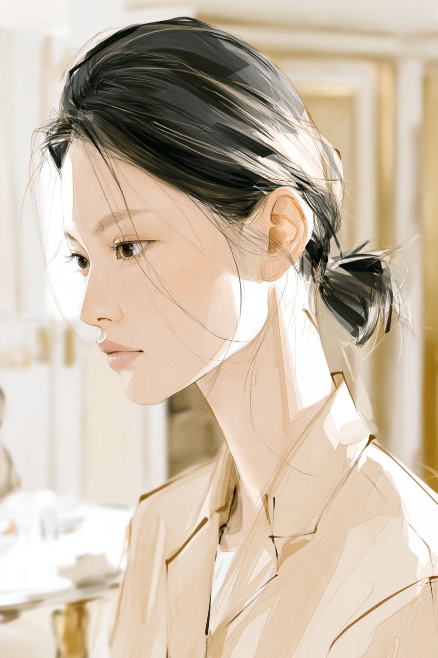 店長の横顔の寄り。口を結び、黙って手元を見下ろす。