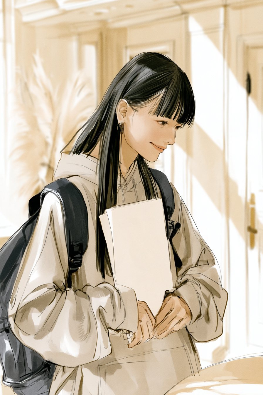 女子大学生の胸から上。案内の紙を胸に抱え、ほっとした顔で小さく頭を下げる。
