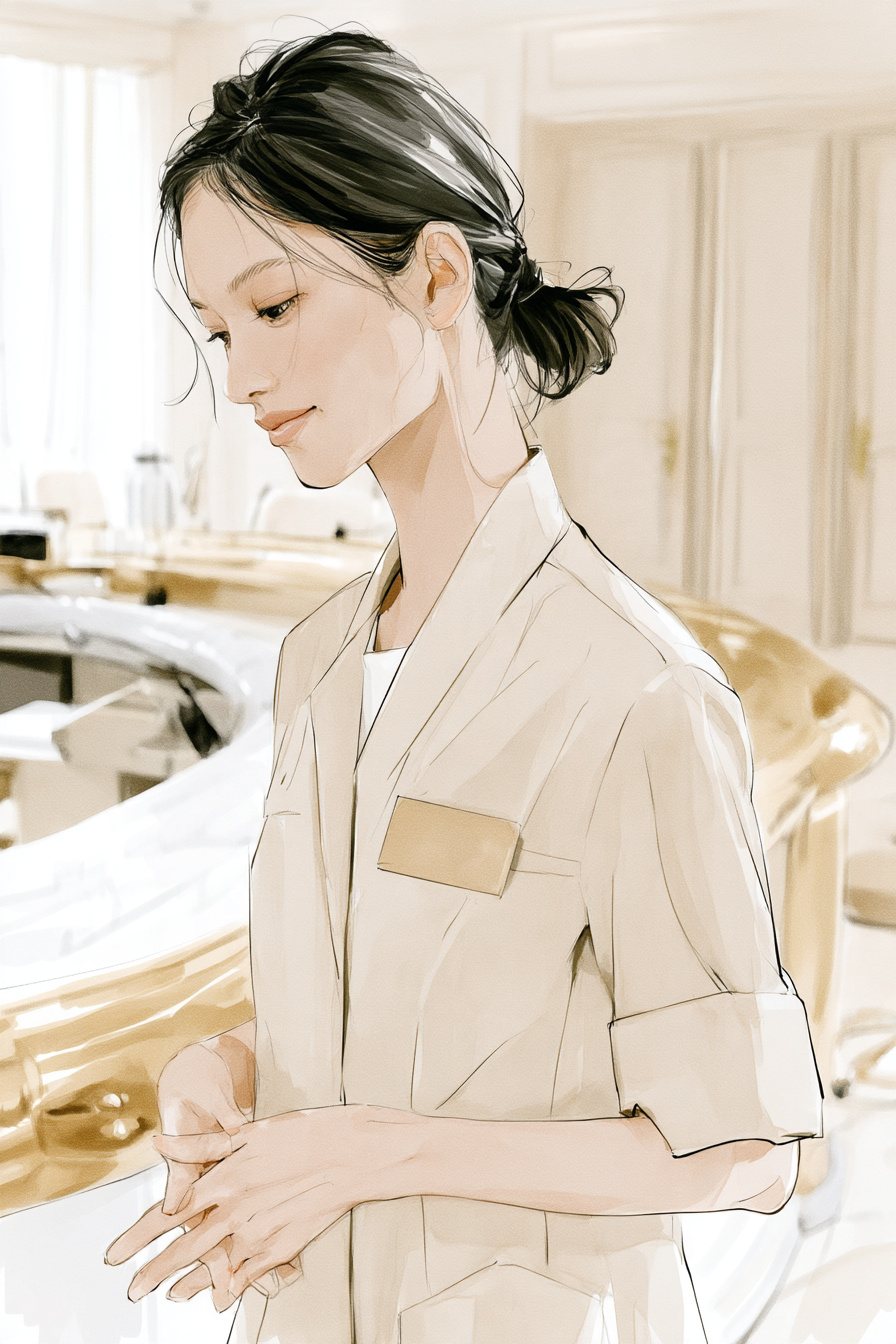 店長の寄り。両手を前にそろえ、少しだけ口元をゆるめて頭を下げ返す。