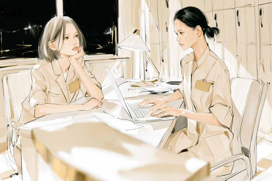 スタッフの裏の部屋。左で、新人のスタッフが口をとがらせて机にほおづえをつく。右で、店長がノートパソコンを開く。机のスタンドの明かり。少し上から。