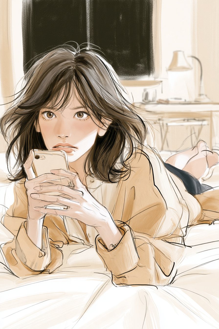 夜の1人暮らしの部屋。ベッドにうつぶせになった20代の女性が、両ひじをつき、両手のスマホを口元に寄せて、不安そうな目で前を見つめる。