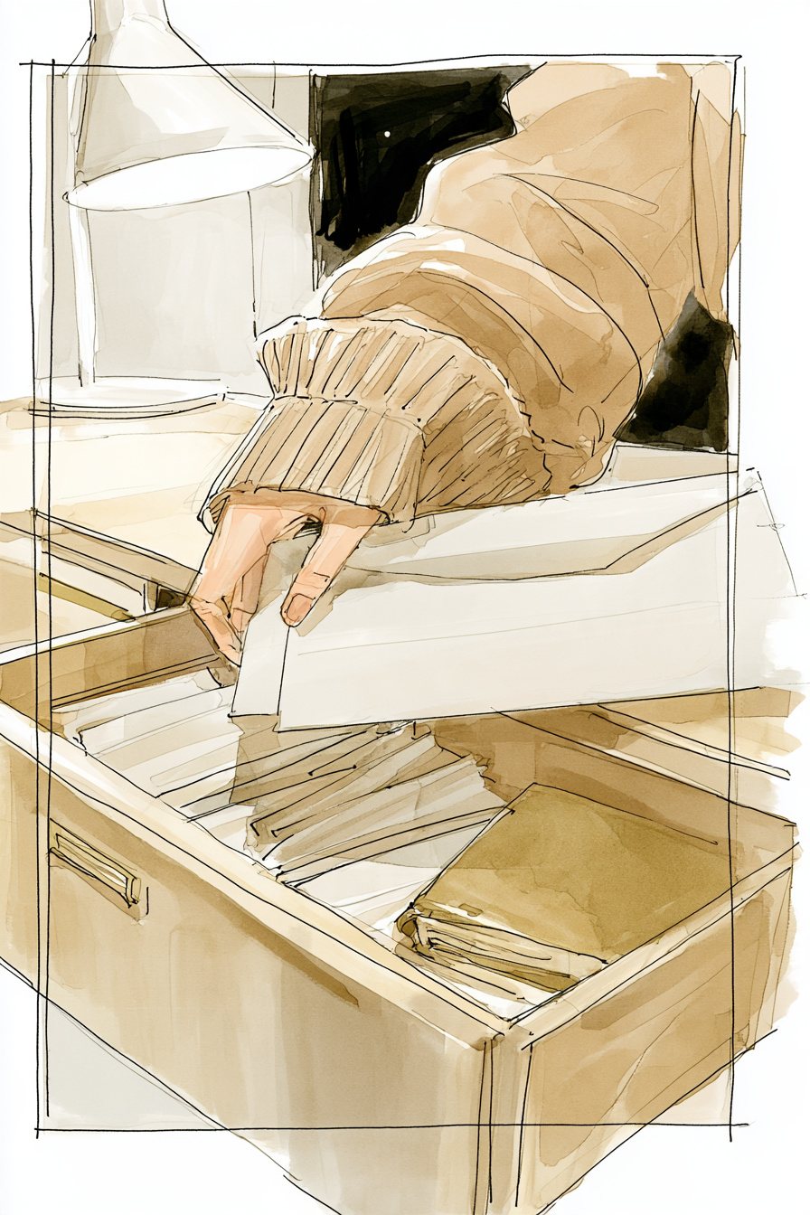 机の引き出しの奥から、契約の書類の入った封筒を引き出す手の寄り。引き出しの中に、ほかの封筒と古い手帳。