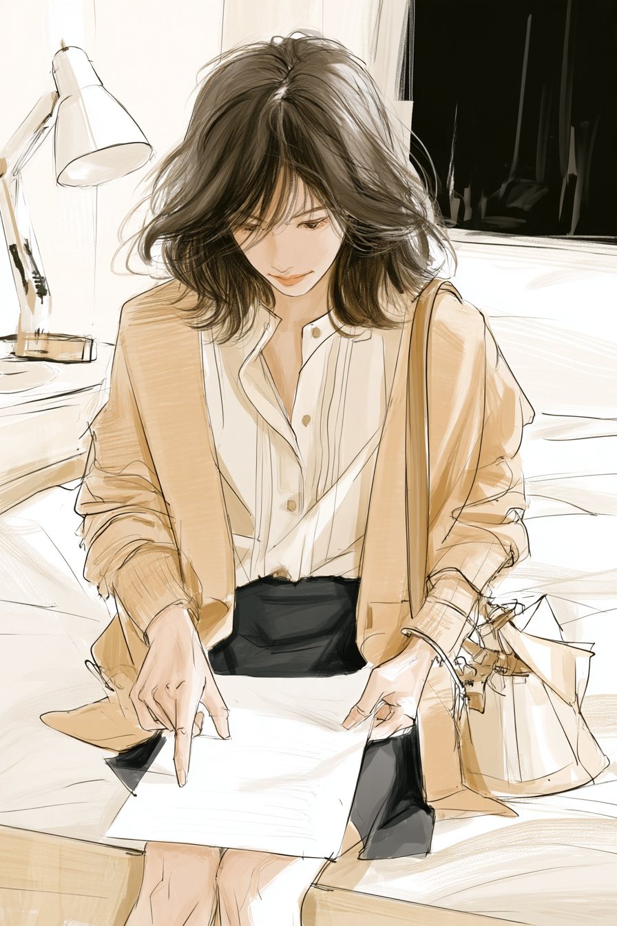 ベッドの端に座った20代の女性が、ひざの上に契約書面を広げ、紙の下の方を指でなぞる。少し上から。後ろにスタンドの明かりと暗い窓。