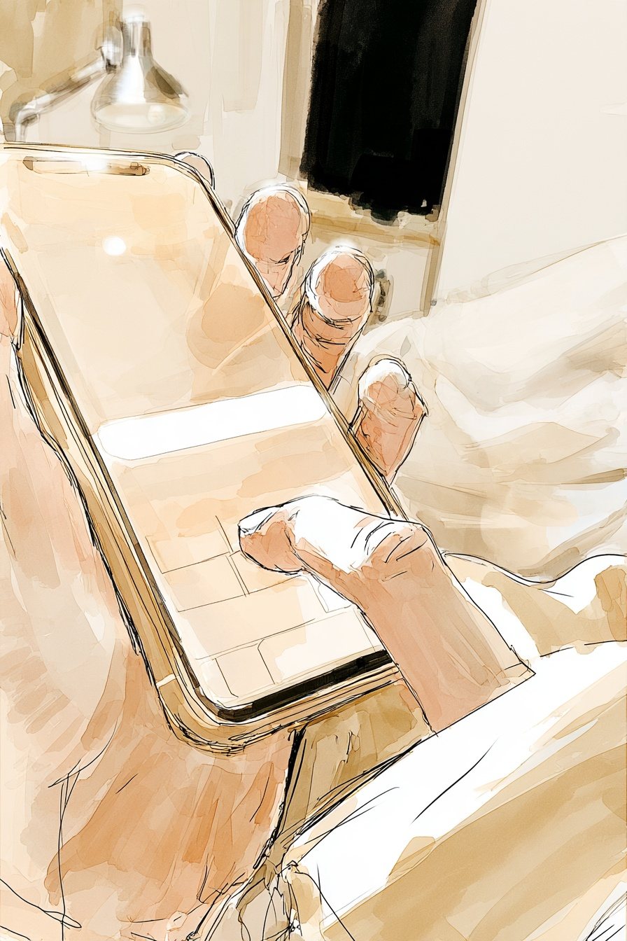 スマホの検索の欄に、親指で字を打つ寄り（画面は光と四角い欄だけで字は読めない）。