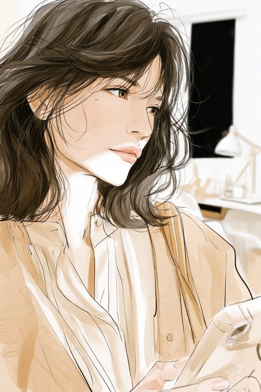 20代の女性の顔の寄りを斜め横から。手元のスマホに目を落とし、口を結ぶ。