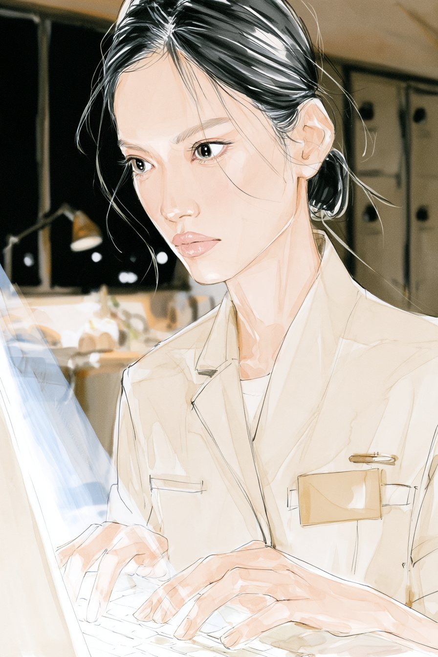 店長の寄り。ノートパソコンのキーに指を置いたまま、画面の青白い光の中で口を結ぶ。暗い窓が後ろに。