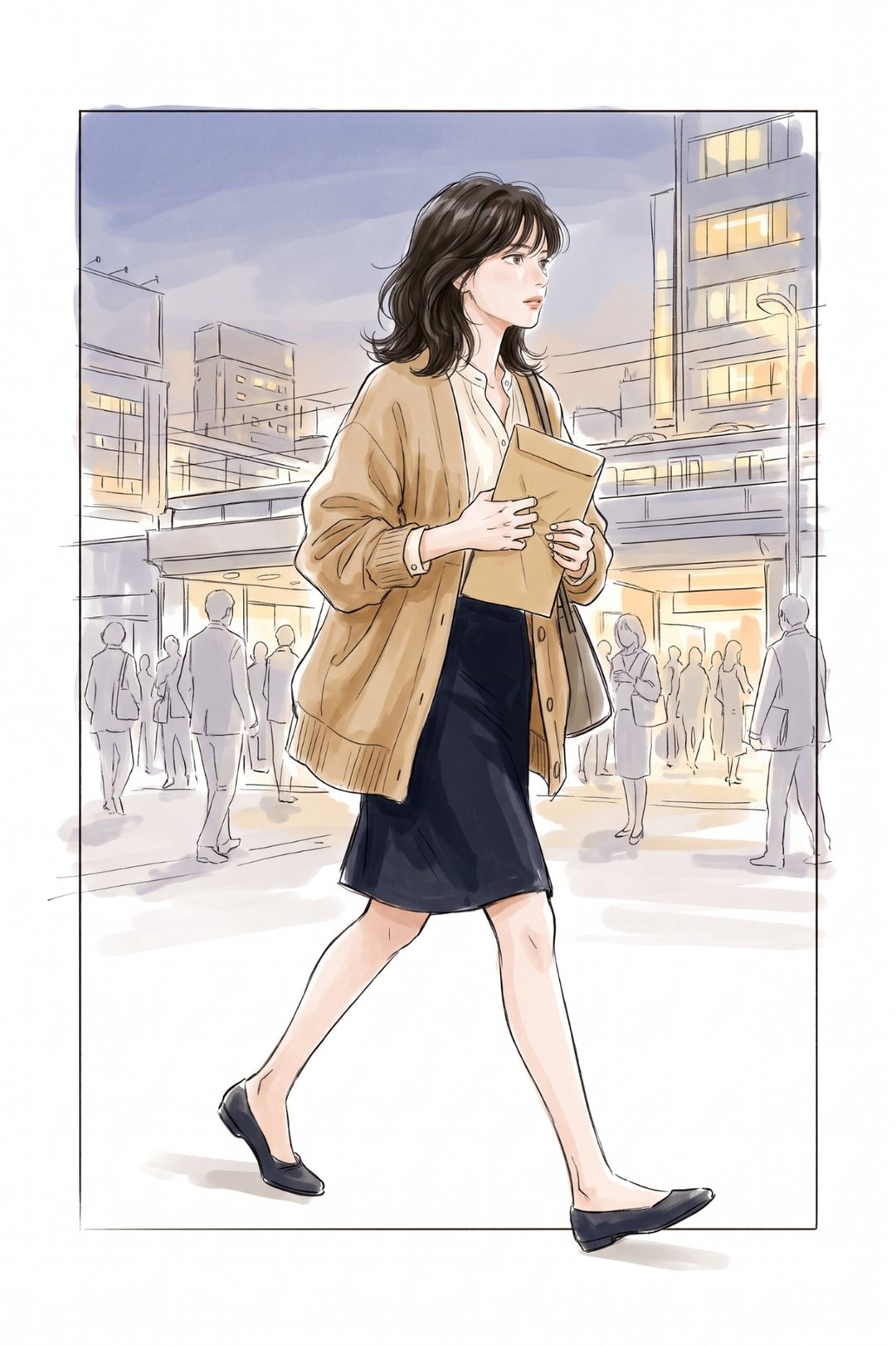 夕方の駅前の通り。会社帰りの20代の女性が、契約の書類の入った封筒を胸の前に抱え、前を見て早足で歩く。後ろにビルの明かりと人の流れ。