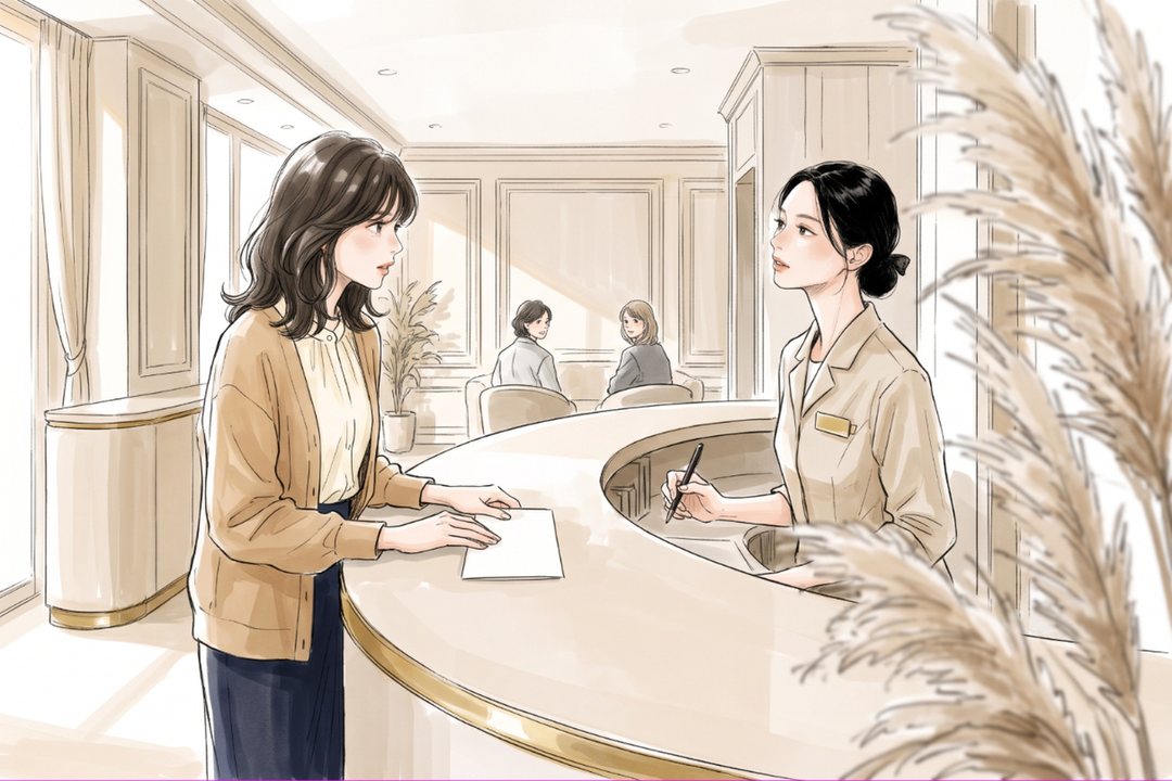 サロンの受付。左で、20代の女性がカウンターに書類を置き、身を乗り出す。右で、カウンターの内側の店長がペンを持ったまま顔を上げる。奥の待合のソファで、客2人がこちらを見る。