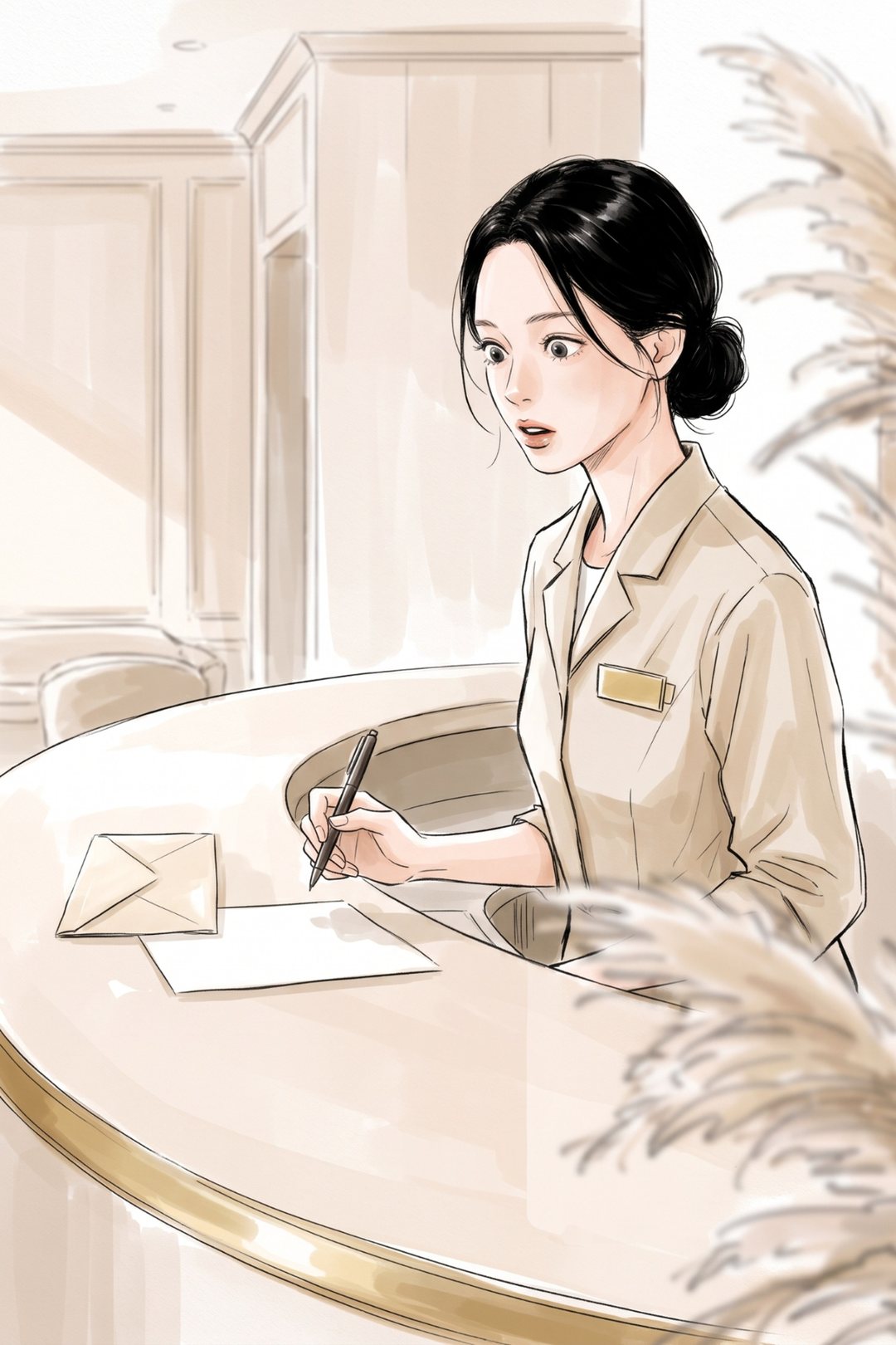 カウンターの内側の店長の胸から上。目を見開いて口が少し開き、紙の上のペンが止まる。カウンターに、置かれた封筒。