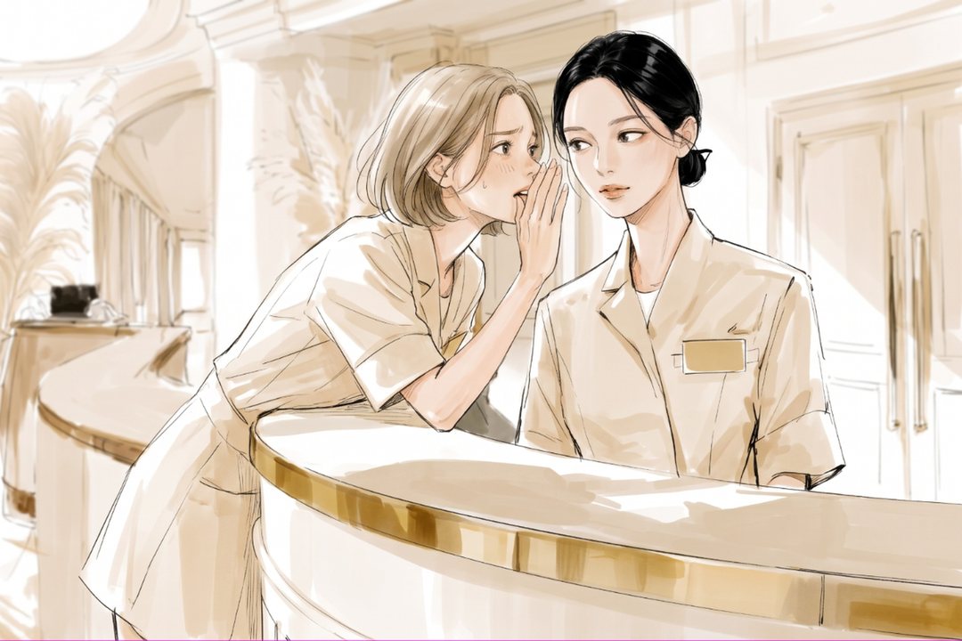 受付のカウンター。左から新人のスタッフがカウンターに身を乗り出し、口に手を添えて店長の耳元でささやく。心配そうな顔。右の店長は、横目で聞く。