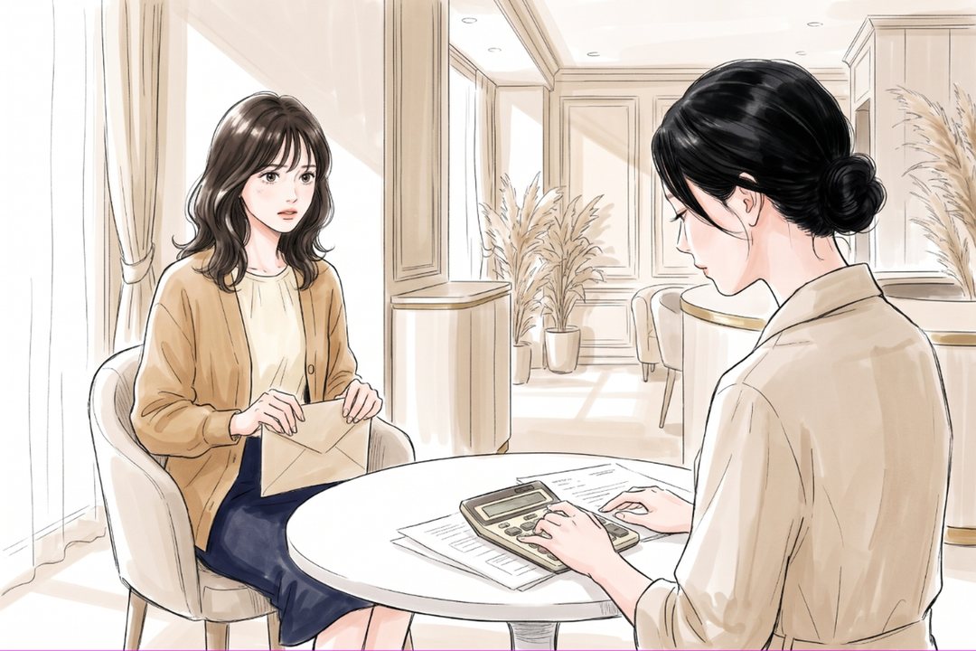 カウンセリングの小さな丸いテーブル。手前の右で店長が電卓を打ち、書類を並べる。向かいの左で、20代の女性が膝の上の封筒を握ったまま座る。