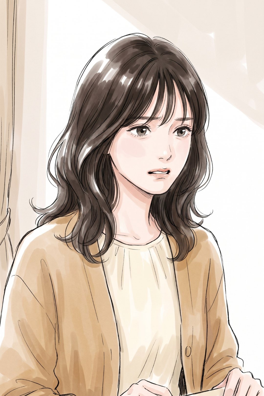 20代の女性の寄り。息を詰めて口を少し開け、眉をこわばらせて前を見つめる。