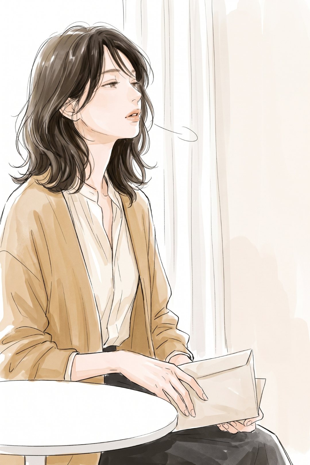 20代の女性の胸から上。肩の力が抜け、目を半分閉じて小さく息を吐く。封筒に置いた手がゆるむ。