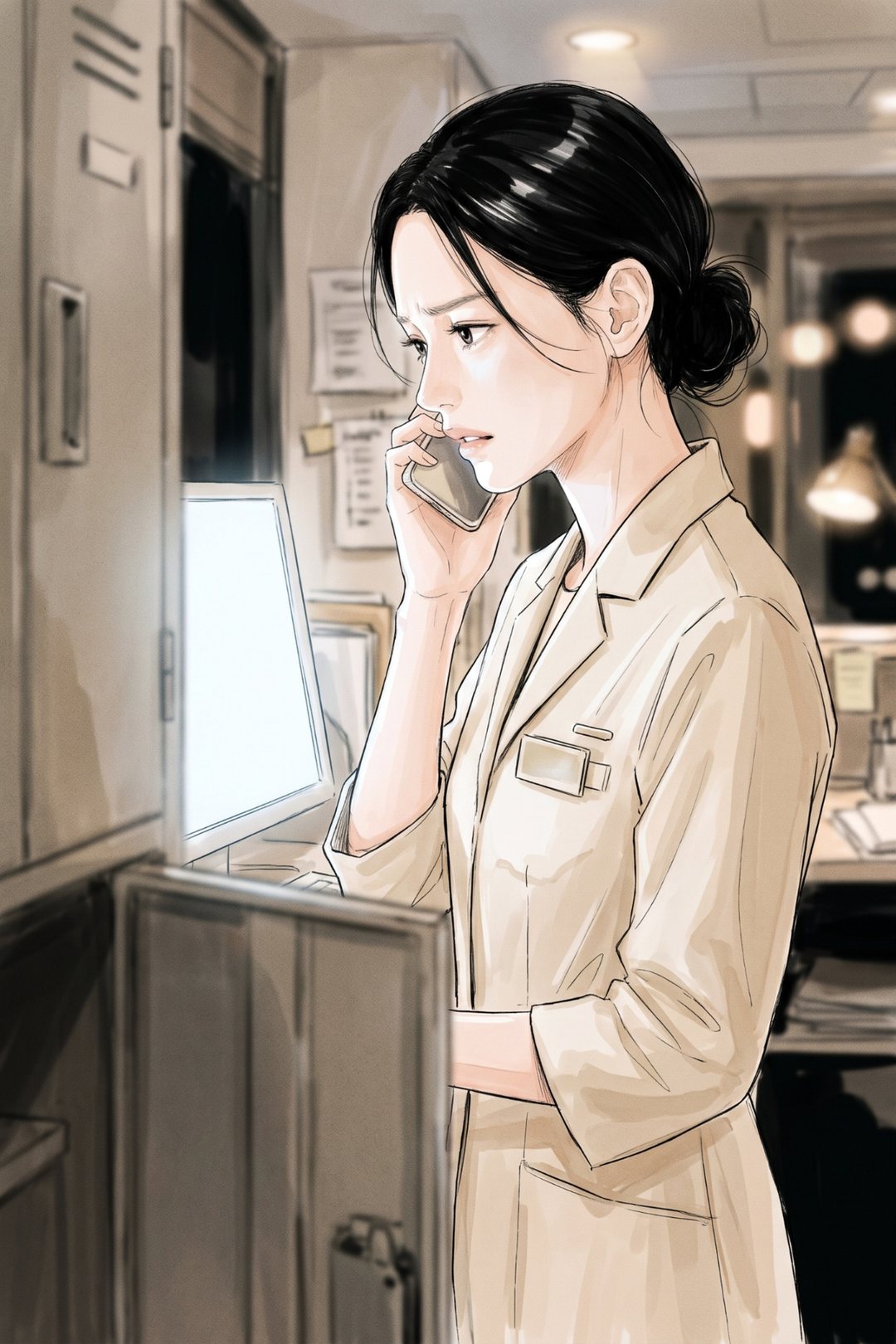 スタッフの裏の部屋。パソコンの前に立った店長が、スマホを耳に当てる。画面の光が横顔に当たる。