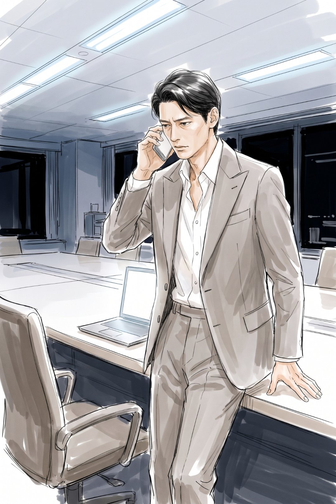夜の本部の事務所。青白い蛍光灯の下で、40代の男性がスマホを耳に当て、机に手をついて目を落としたまま話す。机の上にノートパソコン。