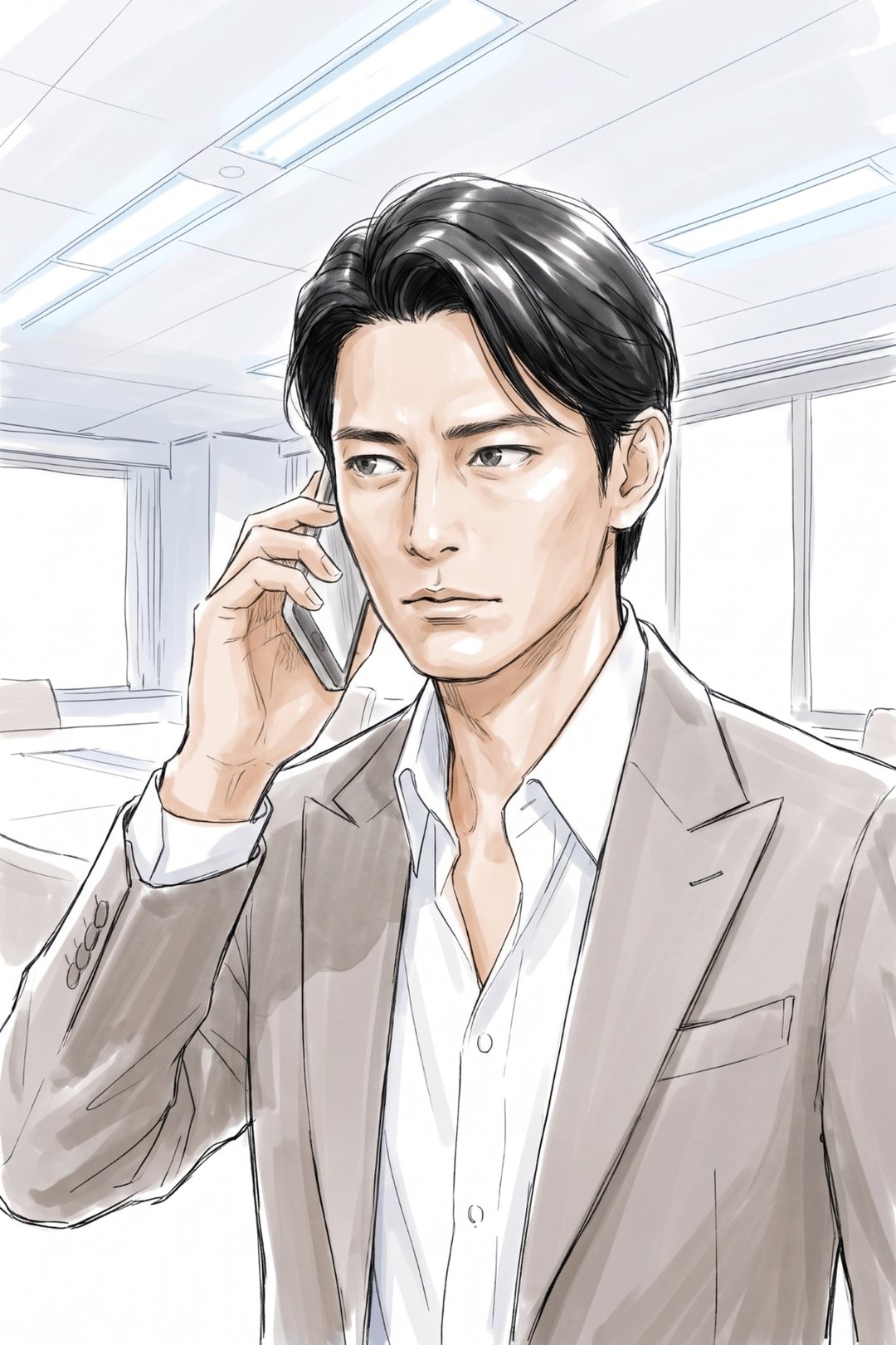 本部の事務所。40代の男性の寄り。スマホを耳に当てたまま、表情を変えずに横を見る。青白い蛍光灯。