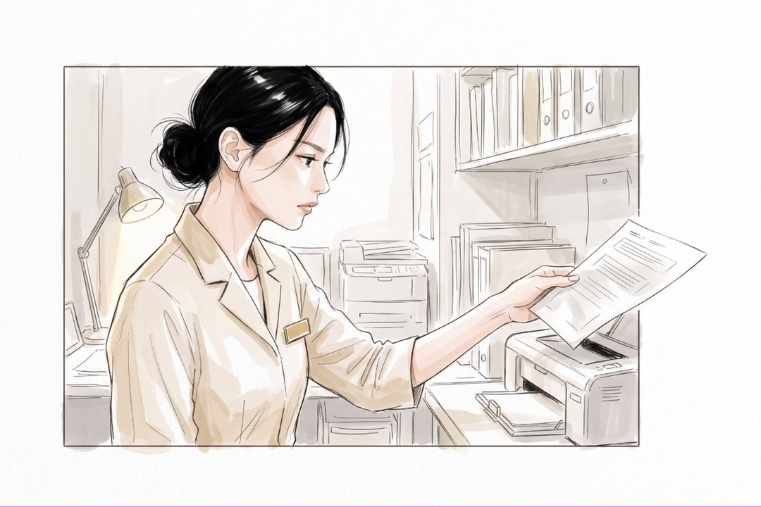 裏の部屋。小さな印刷機から出た紙を、口を結んだ横顔の店長が手に取る。