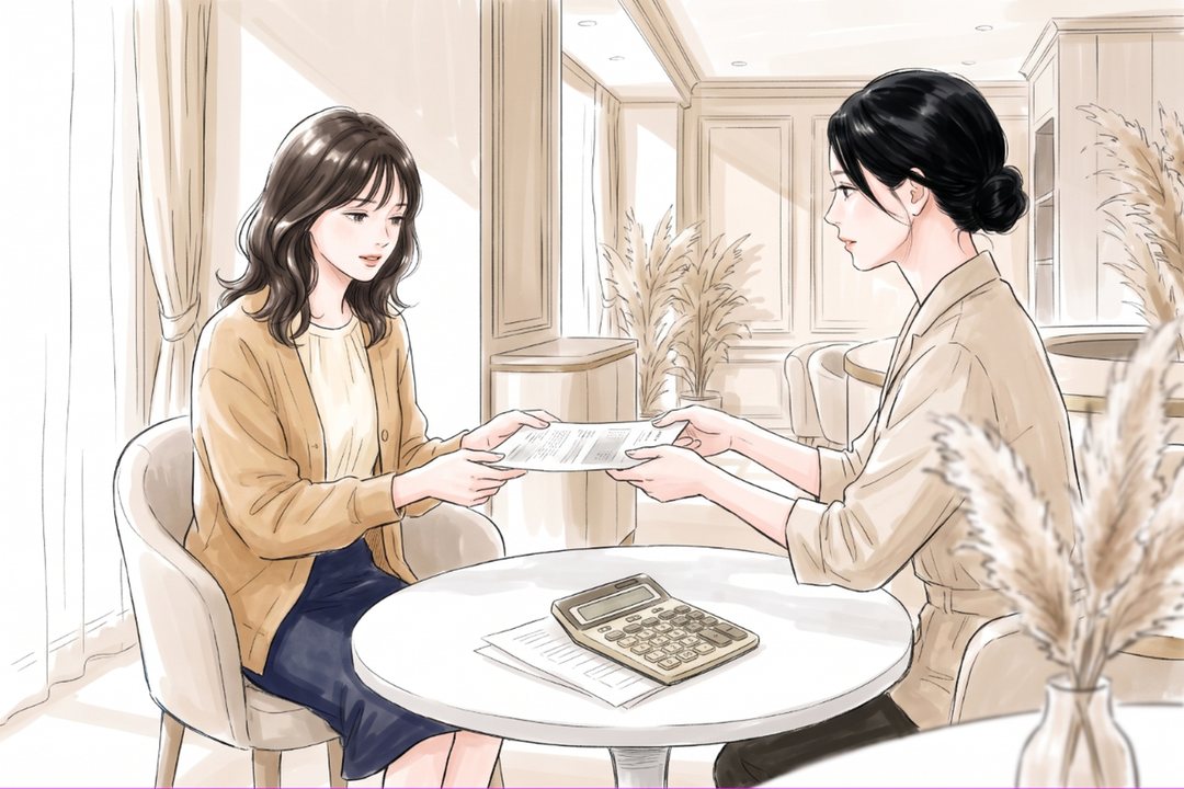 カウンセリングのテーブル。右の店長が、印刷した紙を差し出し、左の20代の女性が両手で受け取る。テーブルに電卓。