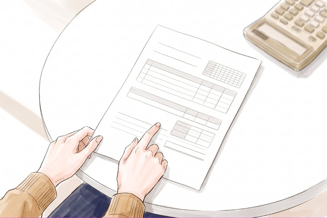 精算書の寄りを斜め上から。紙の下の方の1行で、キャメルの袖の20代の女性の人差し指が止まる(紙は線と枠だけで字は読めない)。