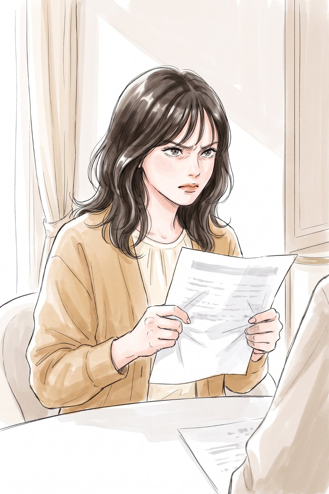 20代の女性の胸から上。両手で握った紙にしわが寄り、眉を寄せて前の店長を見る。