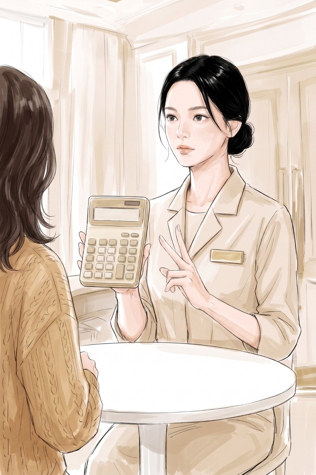 店長の胸から上。電卓(表示は無地で字は読めない)を相手に向けて掲げ、もう片方の手の指を2本立てる。落ち着いた目で、手前の左の20代の女性を見る。女性は後ろ姿。