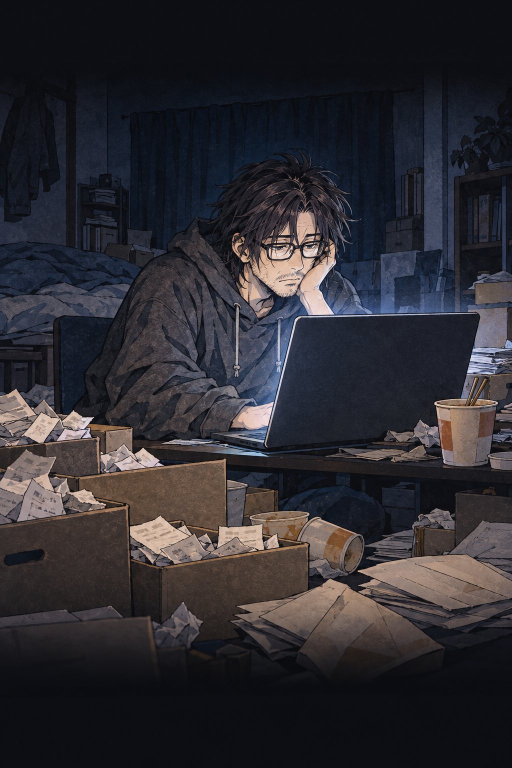 真夜中のワンルーム。床に領収書があふれた靴箱。ノートパソコンの光の前で、やつれた男が画面を見つめている。