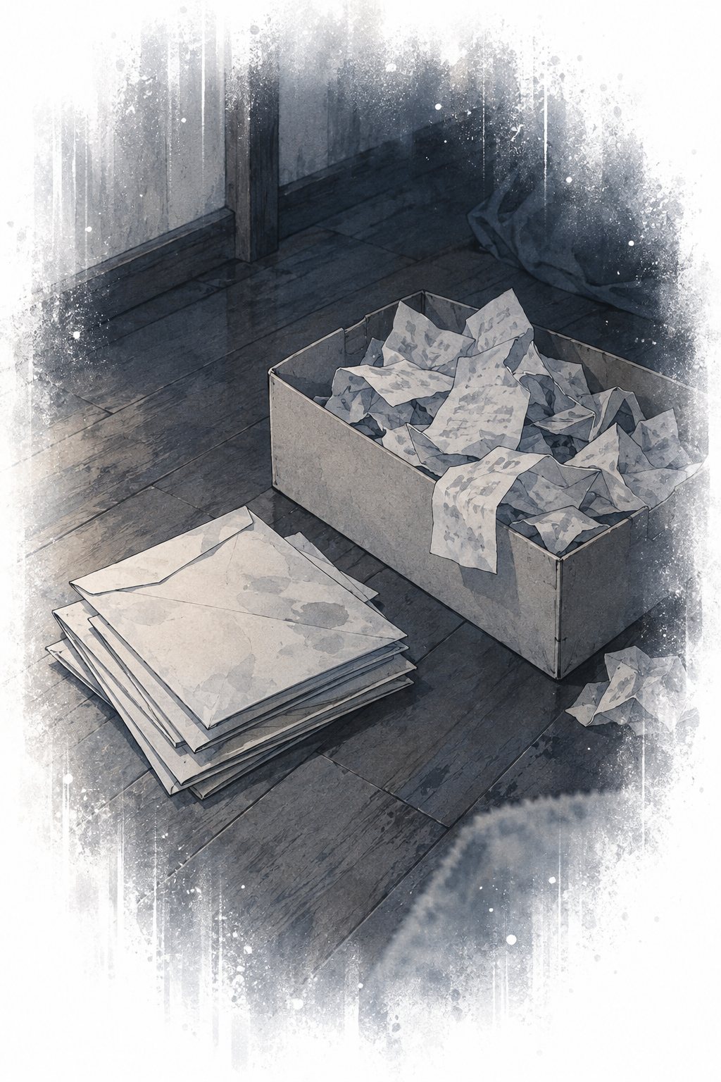回想の前世:アパートの床に積もった、開けていない税務署の封筒の束。青灰色にかすんで消えていく。