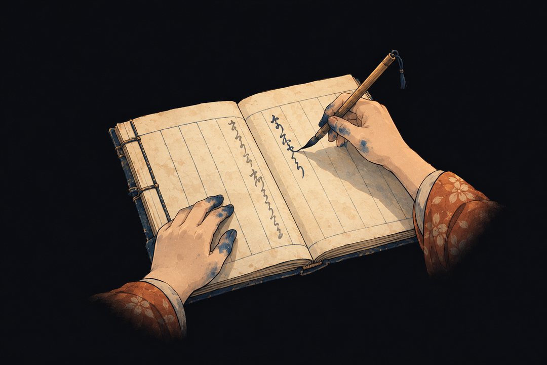 真新しい帳の最初の頁に、お糸が初めての一行を書き込む手元。