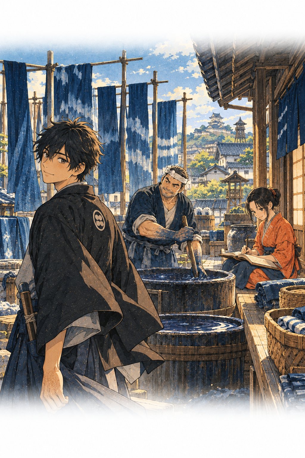 朝の紺屋。干した藍の布の下で、宗吉が甕をかき回し、縁側でお糸が新しい帳に筆を走らせる。出かける伊織が振り返る。