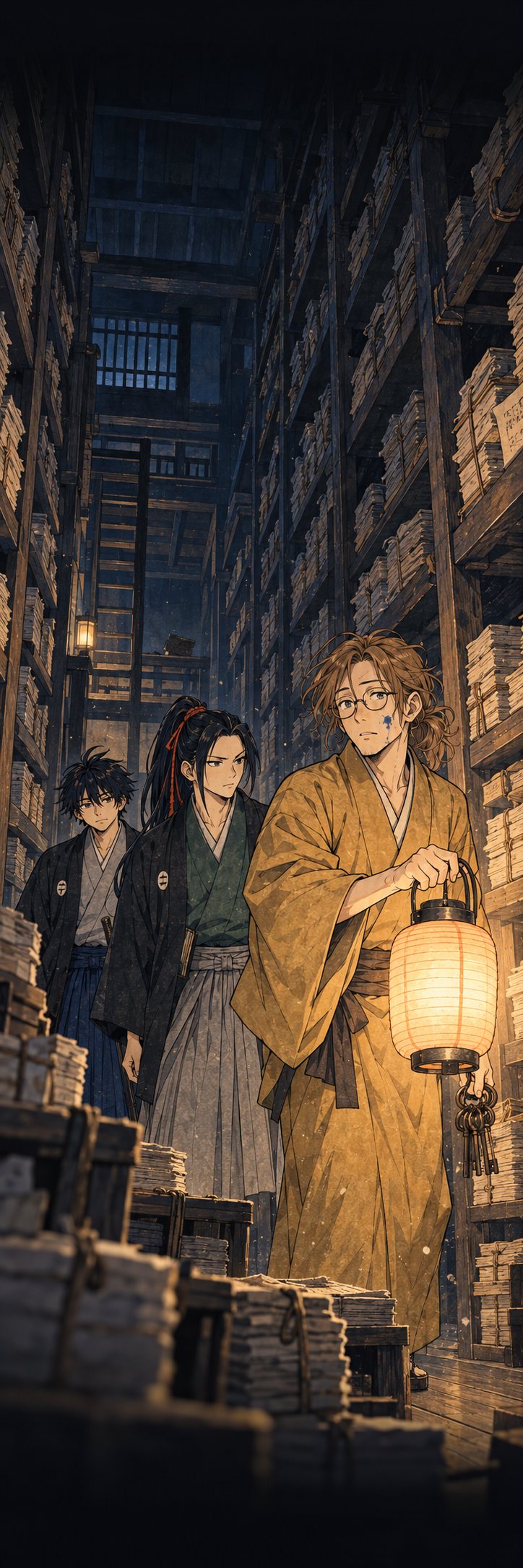 夜の書庫。天井まで届く棚に、紐で束ねた申告の紙の束がぎっしり並ぶ。六助が鍵束と行灯を持って、おずおずと先に立つ。