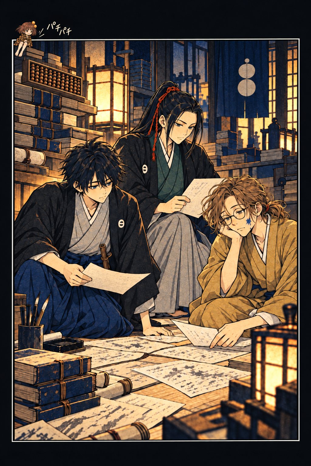 行灯の下、三人が床に申告の束を広げる。小さな付喪神が算盤の上を跳ね回る。「パチパチ」の描き文字。