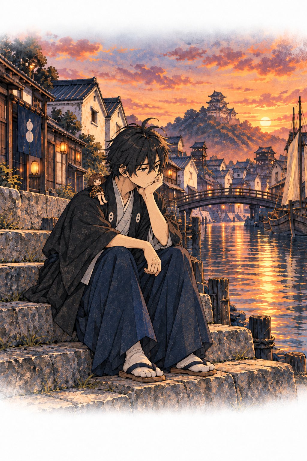 夕暮れの掘割の石段。伊織が一人座り、肩の上で小さな付喪神が足をぶらぶらさせている。