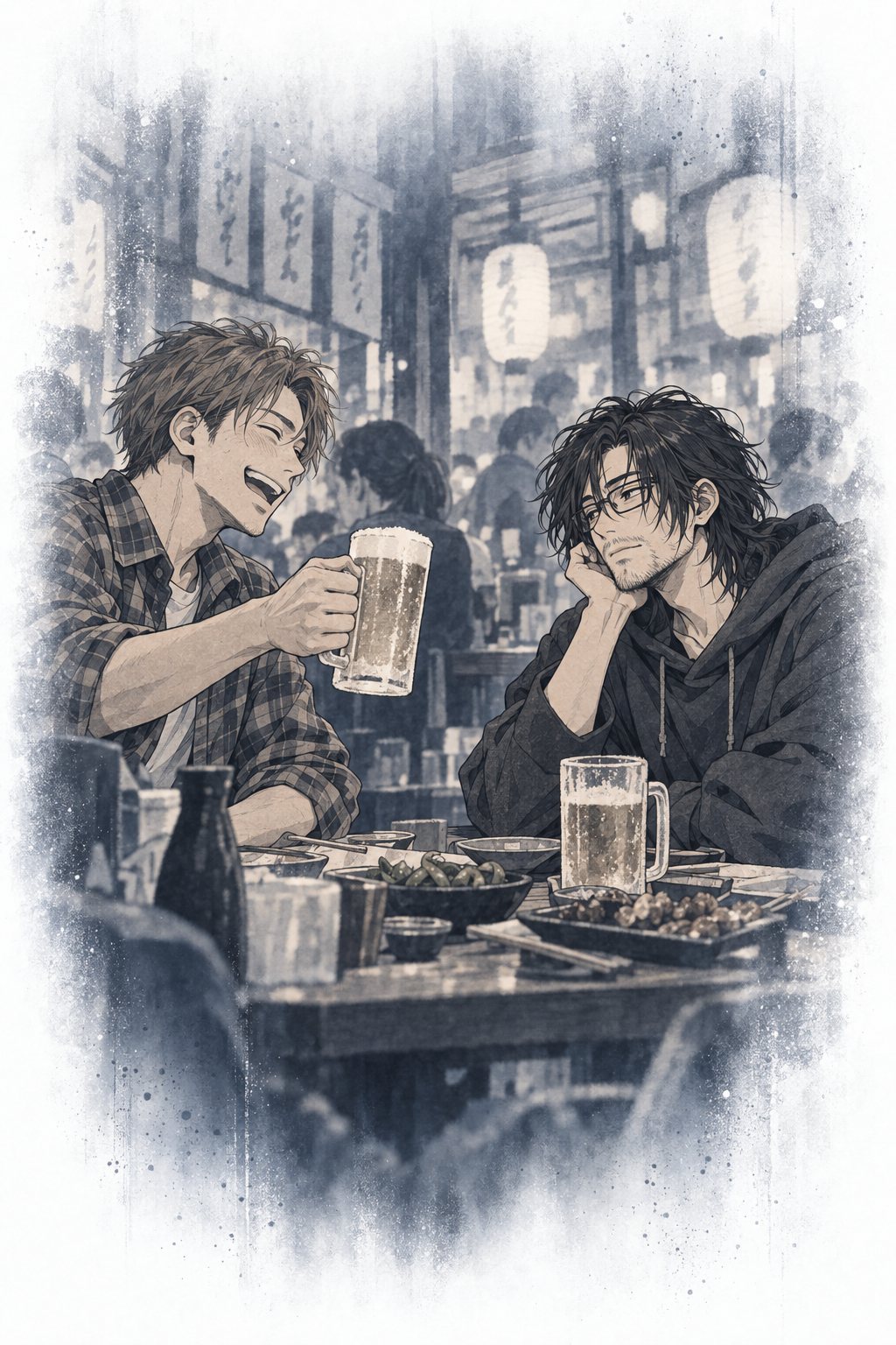 回想の前世:居酒屋で、同じフリーランスの友人が笑ってジョッキを掲げる。青灰色にかすんで消えていく。