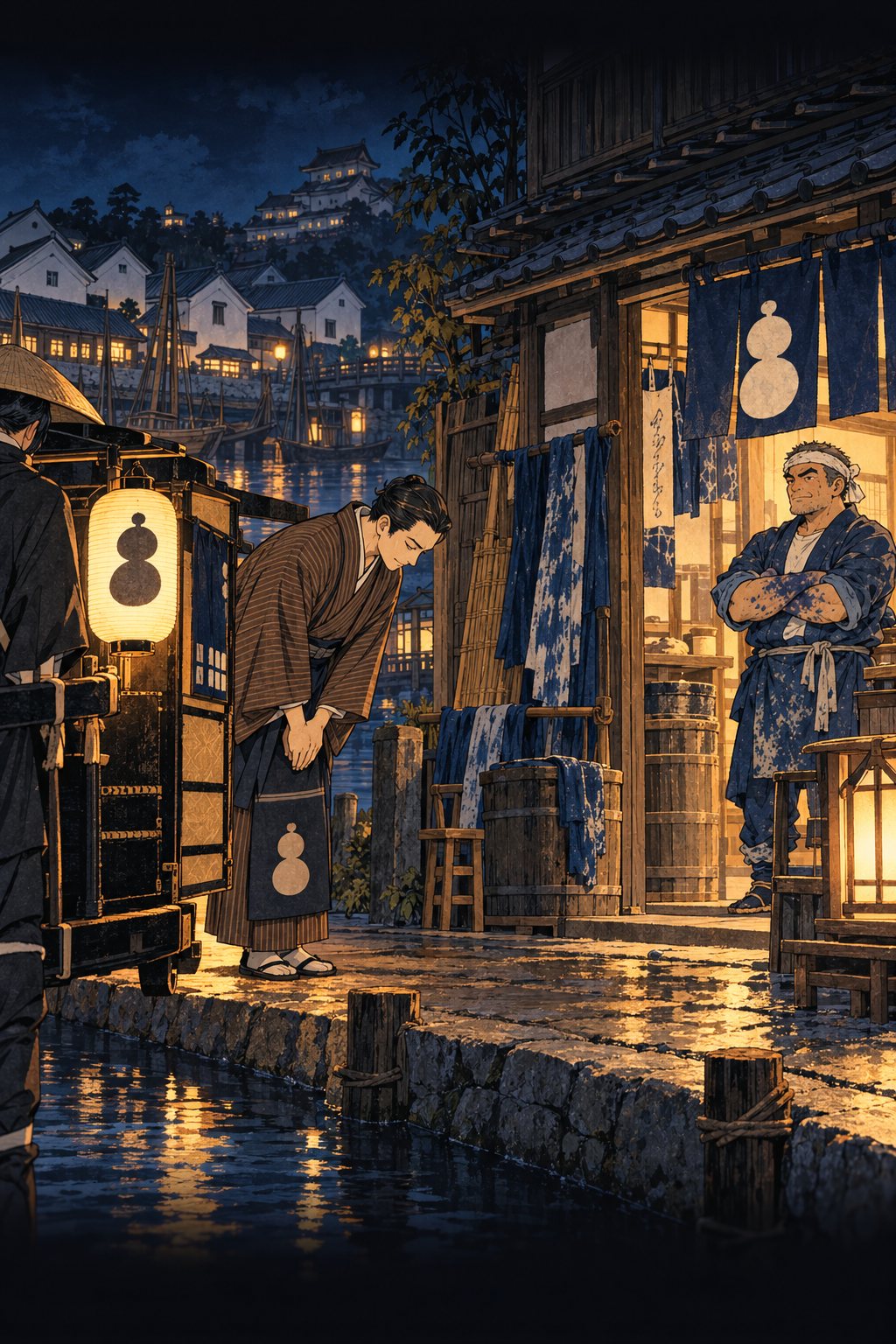 夜。紺屋の前に、分銅の印の提灯を下げた駕籠が止まる。脇で番頭の嘉平が深々と頭を下げる。