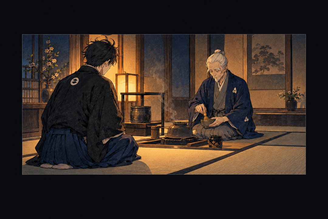 升屋の奥の茶室。釜から湯気が立つ。白髪を後ろでまとめた小柄な老人が、背筋をまっすぐにして茶を点てている。