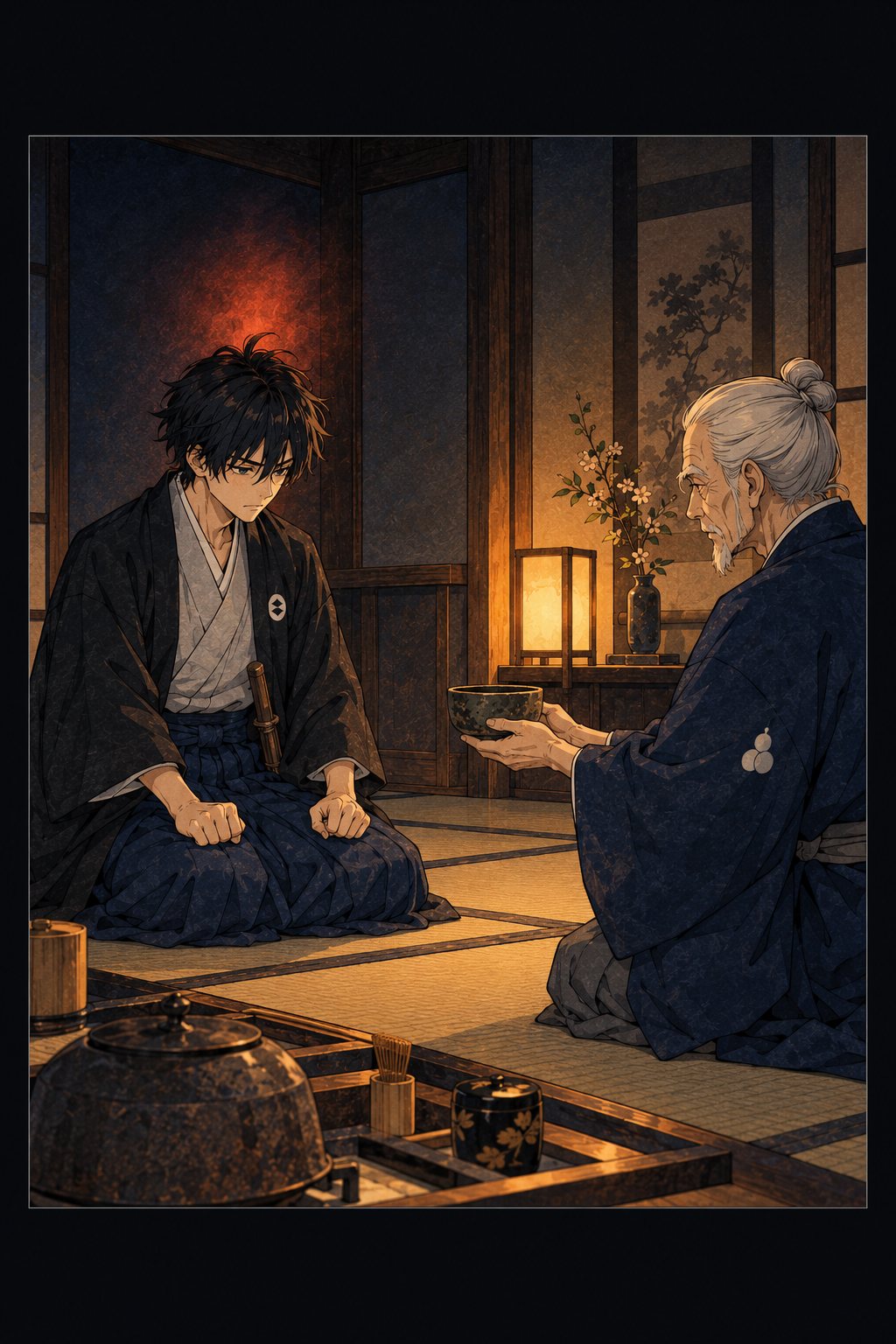 升屋の茶室。茶碗を差し出す小柄な老人と、受け取らずに膝の上で拳を握る伊織。釜の湯気の向こうに、伊織の頭上の赤い光。