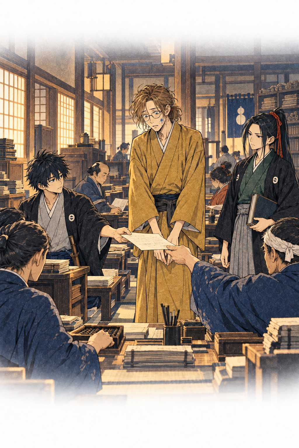 朝の改め所の板の間。役人たちが一枚の紙を回し読みしてざわめく。真ん中で六助が真っ青になって立ち尽くす。