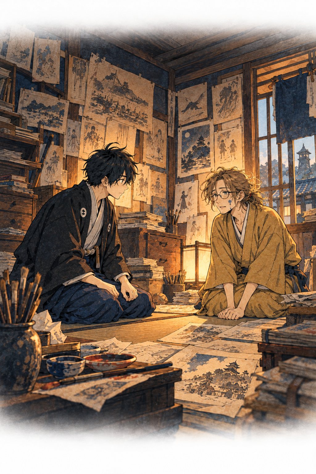 狭い長屋の六助の部屋。壁一面に貼られた挿絵の下絵、筆と絵の具の皿、積まれた紙。伊織と六助が向き合って座る。