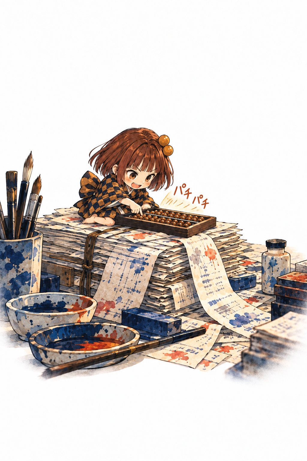 画材の受け取りの束と絵の具の皿を並べ、小さな付喪神が算盤をはじく。「パチパチ」の描き文字。