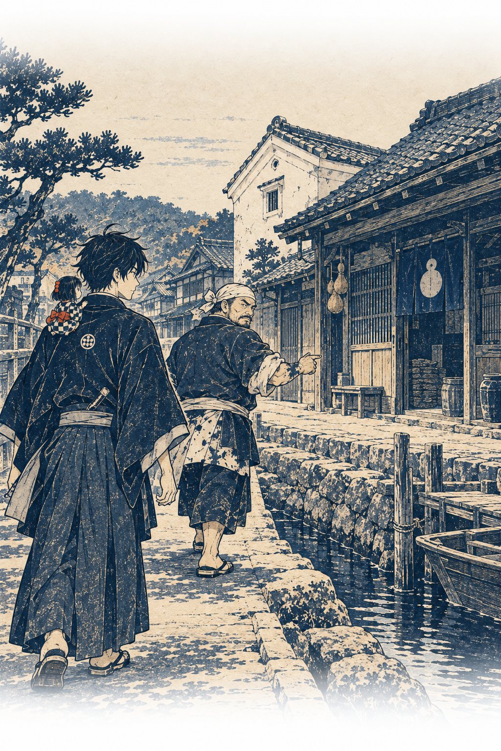 朝の運河沿いの道。宗吉が先に立ち、伊織が後を歩く。行く手に、白壁の小さな蔵のある古い家。肩の上に小さな付喪神。