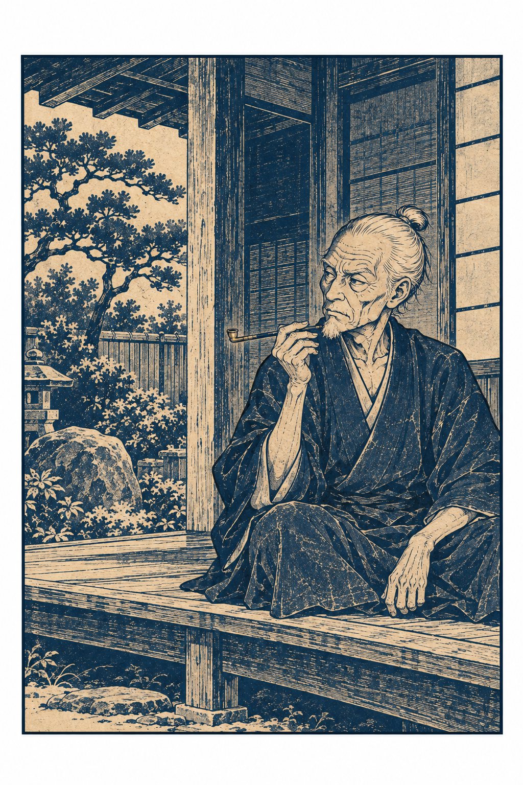 縁側に座る、やせた80代の老職人。白髪をひっつめ、藍の染みが爪に残る指で煙管を持つ。着古した藍の作務衣。