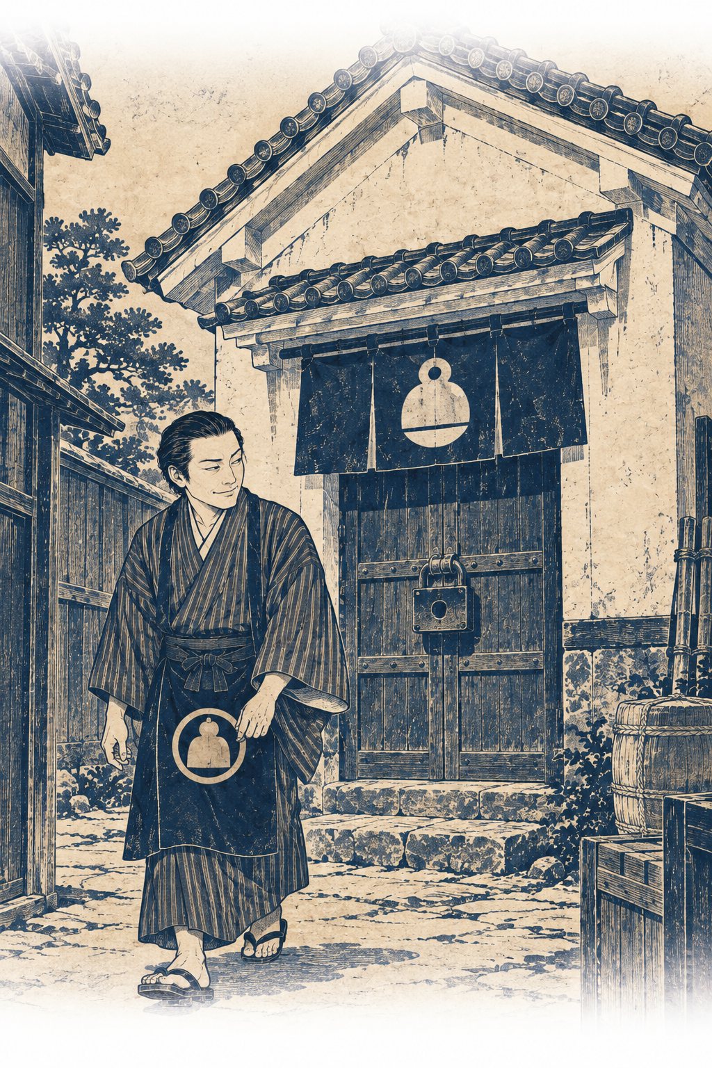家の裏の白壁の蔵。扉には大きな錠前、軒に重さの形の印の暖簾。前を升屋の手代らしい男が通り過ぎる。