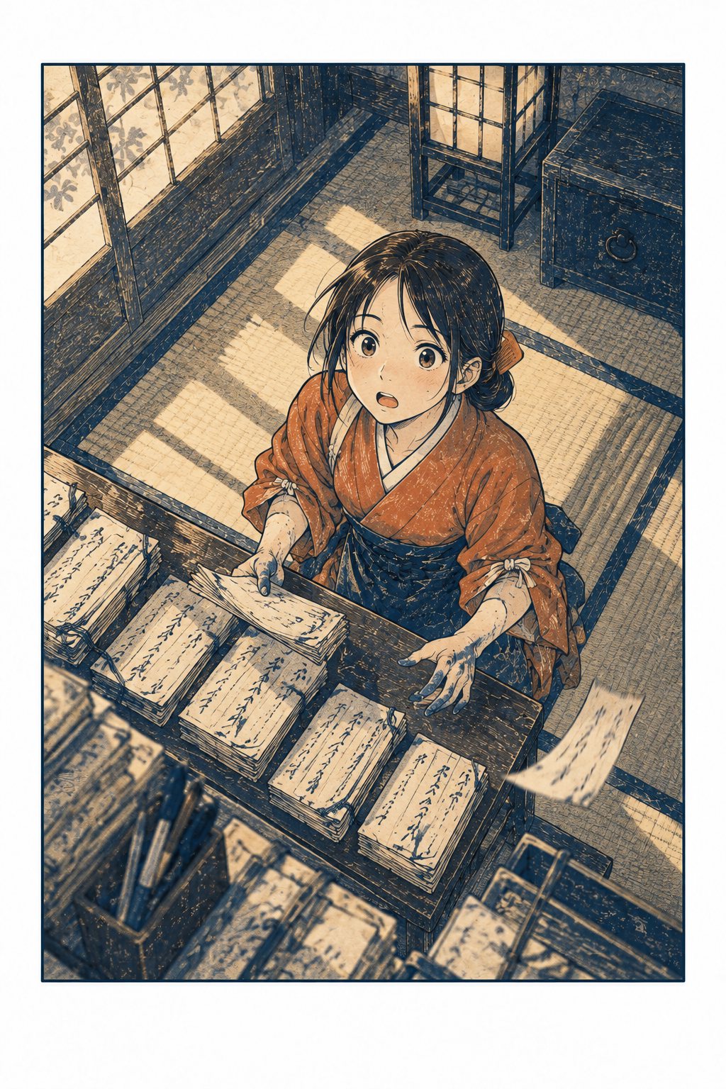座敷の文机を上から見る。年ごとに並べた古い貸し賃の受け取りの束の前で、お糸が目を見開いて顔を上げる。