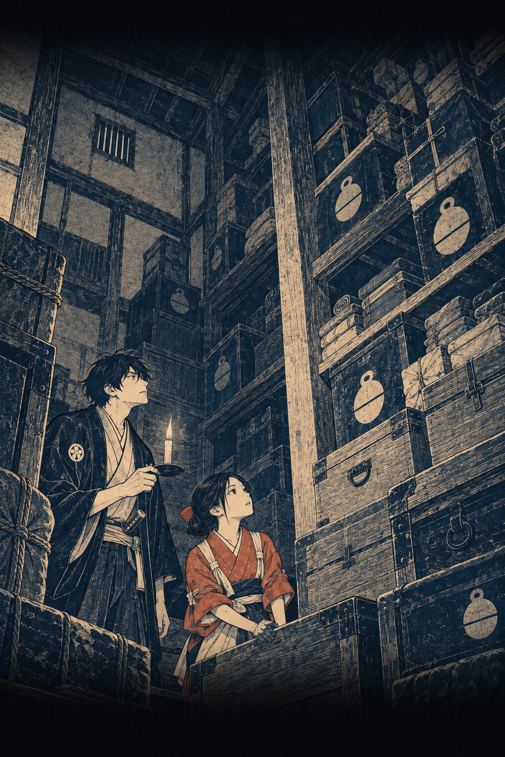 夜の蔵の中。手燭の明かりの中に、升屋の印の付いた長持や反物の箱が天井まで積まれている。伊織とお糸が見上げる。