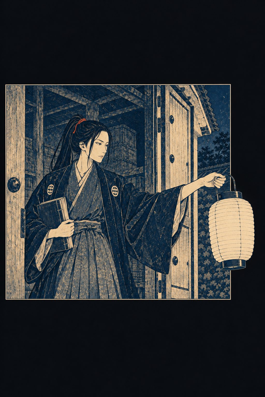 蔵の戸口に、提灯を右へ差し出した長身の女が立つ。高い位置で結んだ黒髪に朱の紐、深緑の着物。港の船改めの役人の羽織。