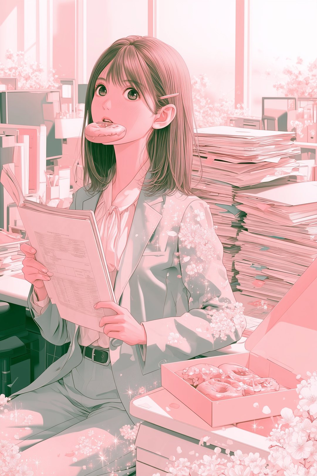 明るいオフィスの机。書類の山の上にドーナツの箱。ファイルを抱えて座る若い女性の担当者が、ドーナツをくわえたまま顔を上げる。窓から朝の光と花の模様のトーン。