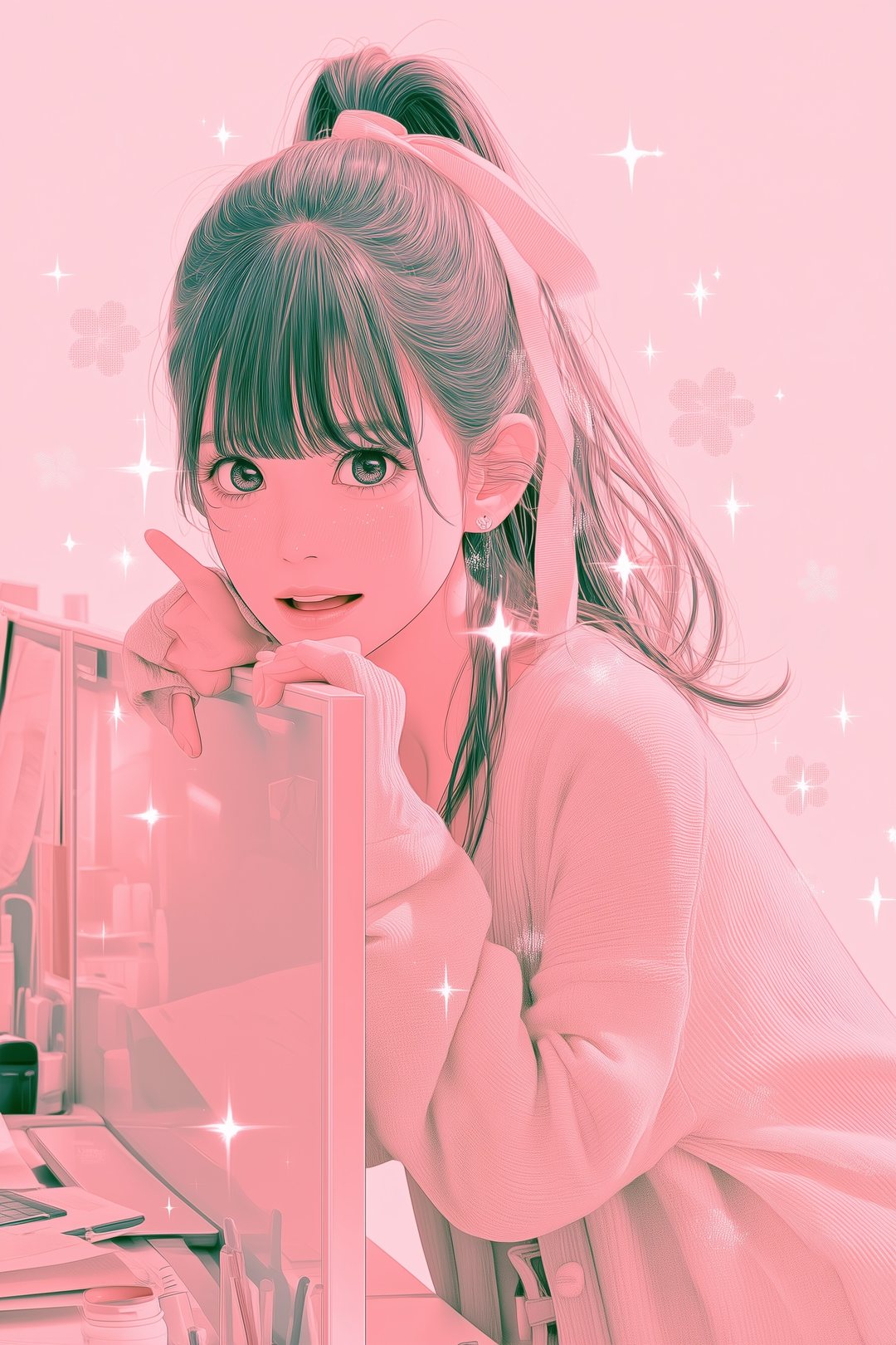 机の横から身を乗り出す新人の女性。目を輝かせ、背景に小さなきらめき。少しデフォルメ。