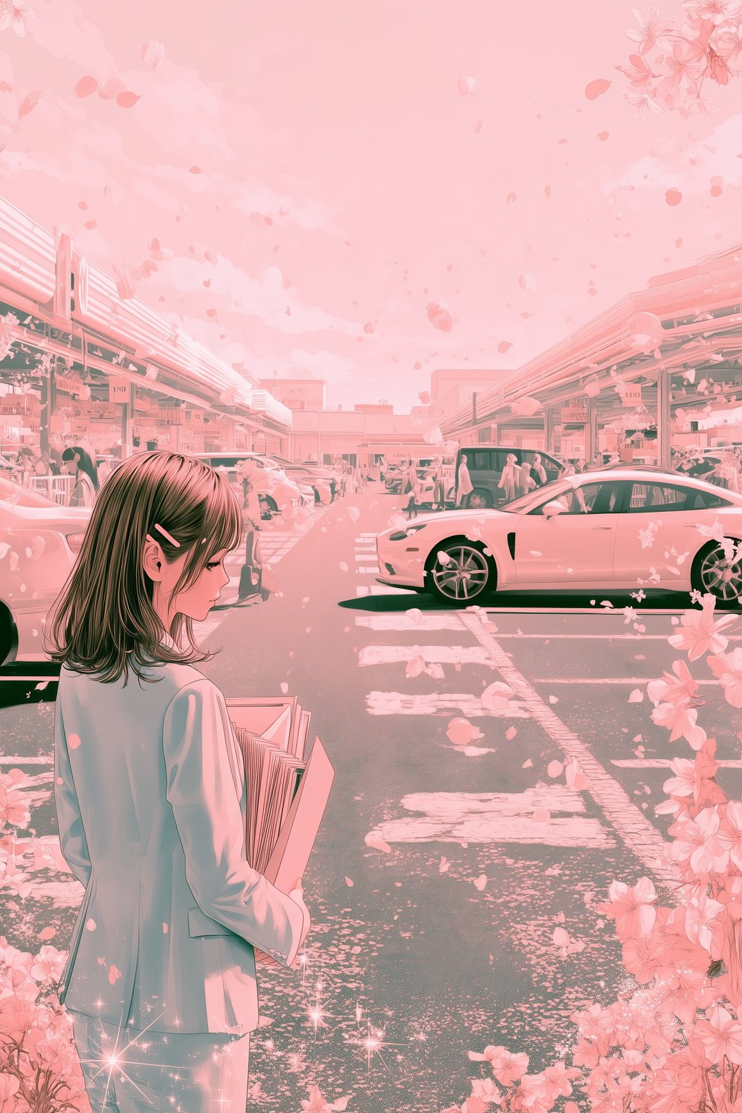 昼の駐車場の通路。ミニバンとバンが止まっていた場所に、白いチョークの印。風に花びらが舞う。左下に、書類を抱えて立つ若い女性の後ろ姿。
