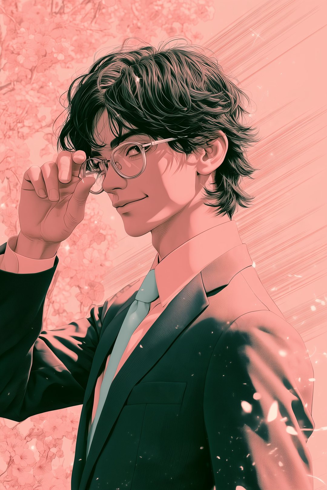 眼鏡を指で押し上げる男性の横顔の寄り。口元に小さな余裕の笑み。背景に細い線のトーン。