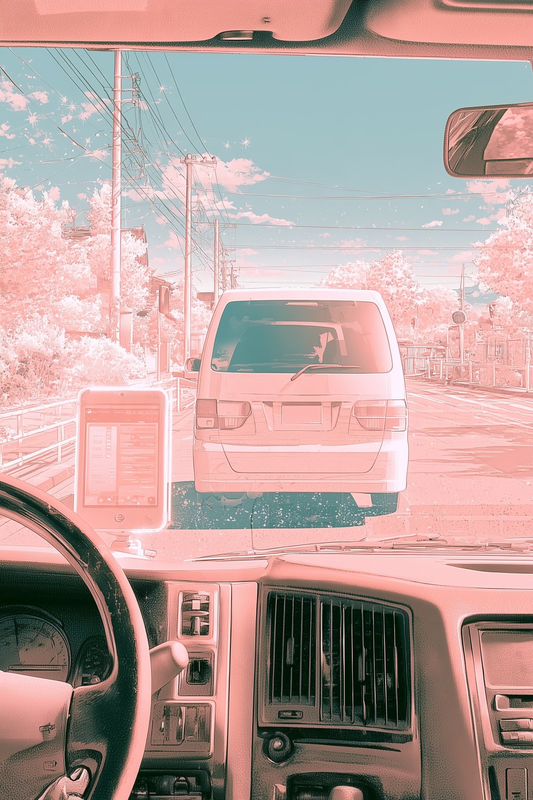バンの運転席の中から前を見た絵。ハンドルの横に置いた配達の端末の画面が光り、フロントガラスの先にミニバンの白い後ろ。